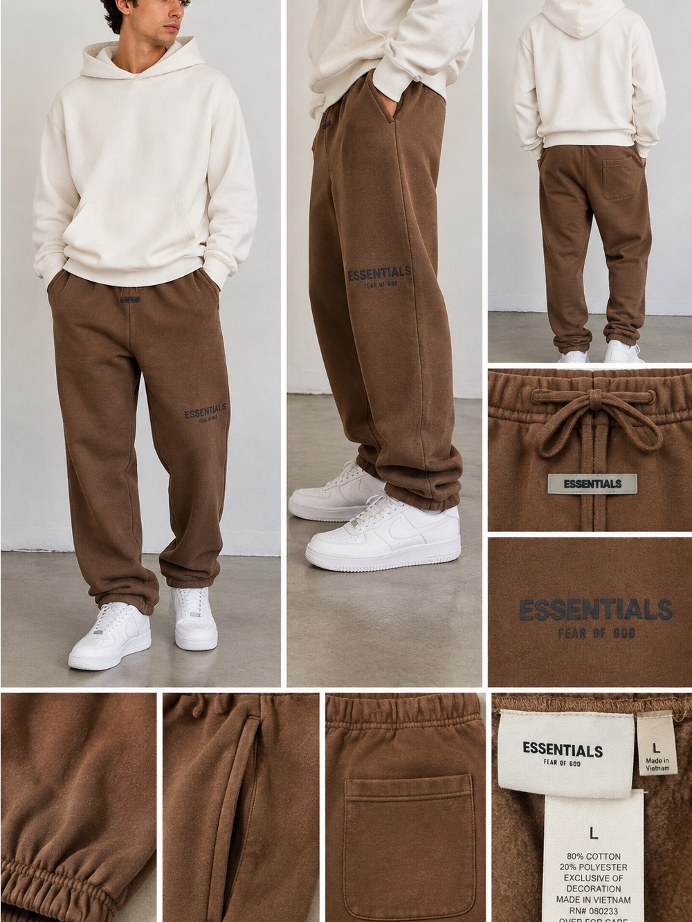 Fear of God Essentials Sweatpants Men L Brown Fleece Logo Joggers